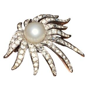 Vintage 1950s Tara Silver Tone Rhinestone Faux Pearl Starburst Brooch